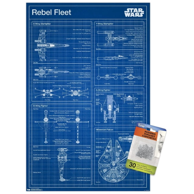 Star Wars : Saga - Affiche Murale de Plan Rebelle, 22,375 Pouces x 34 Pouces, Affichant des Plans Schématiques Blancs Détaillés de Vaisseaux de la Flotte Rebelle Incluant des Chasseurs X-Wing, Y-Wing, B-Wing, A-Wing et Millennium Falcon sur un Fond à Grille Bleue, Imprimée sur Papier d'Affiche Lustré, Idéale pour la Déco de la Maison et Convient aux Chambres, Bureaux Ou Dortoirs.
