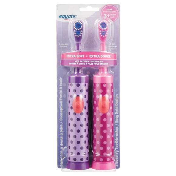 Equate™ Kids Battery Powered Toothbrush, Extra Soft Bristles. Pink and Purple Dots, 2ct