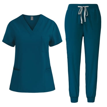 Styesk Sarraus pour Femmes Couleur Unie Ensembles de Sarraus Extensibles Cordons Pantalons de Sarrau Taille Haute Col en V Manches Courtes Hauts de Sarrau Joggers de Sarrau Confortables avec Poches Ensemble d'Uniforme d'Infirmière 2 Pcs