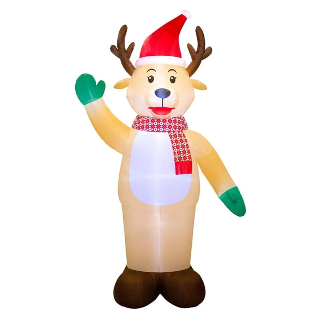 Occasions Christmas 20 Foot Inflatable Colossal Waving Reindeer, a beige inflatable reindeer with brown antlers and feet, wearing a red Santa hat and red patterned scarf, green mittens on its raised waving arm, self-inflates with included blower, weather resistant, lights up, suitable for indoor or outdoor Christmas decoration.