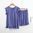 thumbnail image 2 of AherBiu Ensembles de Pyjama Grande Taille pour Femmes 2 Pcs Col Ras du Cou Manches Courtes à Revers Hauts à Volants avec Shorts de Pyjama Vêtements d'Intérieur Vêtements de Nuit, 2 of 7