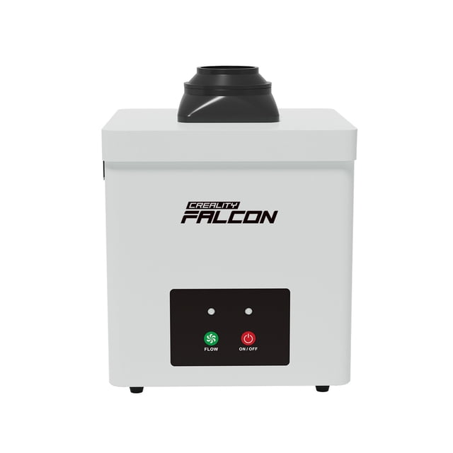 Creality Falcon Smoke Purifier YW45 front view showing a white rectangular air purifier with a black exhaust port on top, Creality Falcon branding, and a control panel featuring green flow and red on/off buttons, designed for efficient fume filtration and safe home use with the Falcon A1 laser printer.