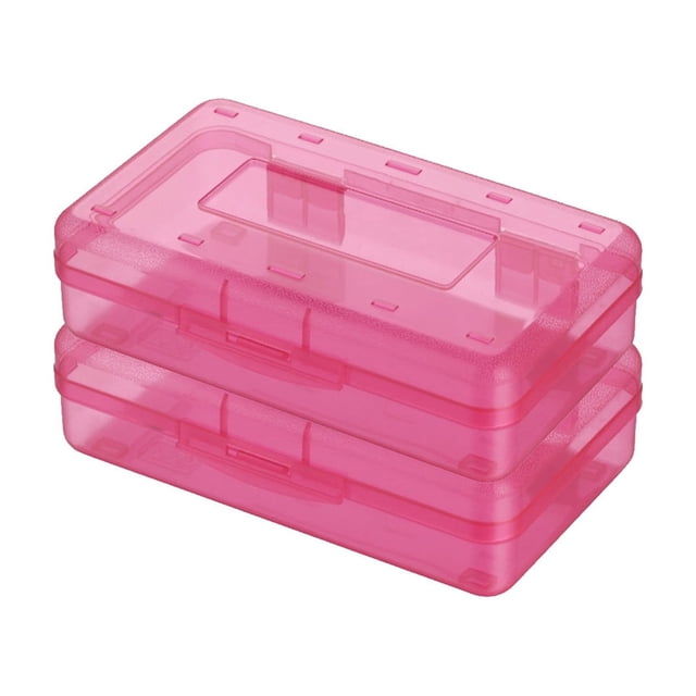 EGNMCR 2pc plastic pencil box set featuring large capacity clear boxes with a snap-tight lid and stackable design. The boxes are shown in a vibrant pink color, ideal for organizing pens, pencils, markers, and other school and office supplies. Made of durable plastic for everyday use.
