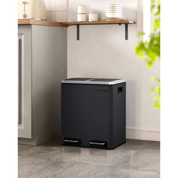 SONGMICS Poubelle, 2 x 15 Litres (2 x 4 Gallons), Bac de Recyclage avec Couvercles à Fermeture Amortie, Pédales et Seaux Intérieurs pour la Cuisine, Acier Inoxydable, Noir