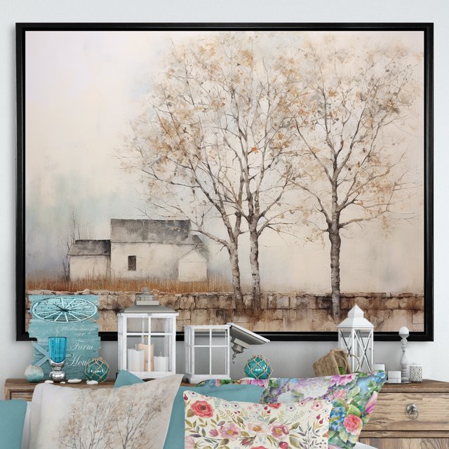 Designart Large Tree black framed wall art, Rustic Farmhouse Tree Scenery , Trees framed wall art decor, Brown black framed wall art, 44x34 inches black frame