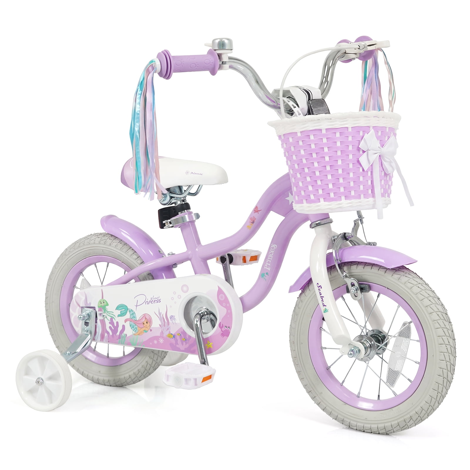 Costway 12" Kids Bike, Toddler Bicycle with Training Wheels, Hand & Coaster Brakes Purple
