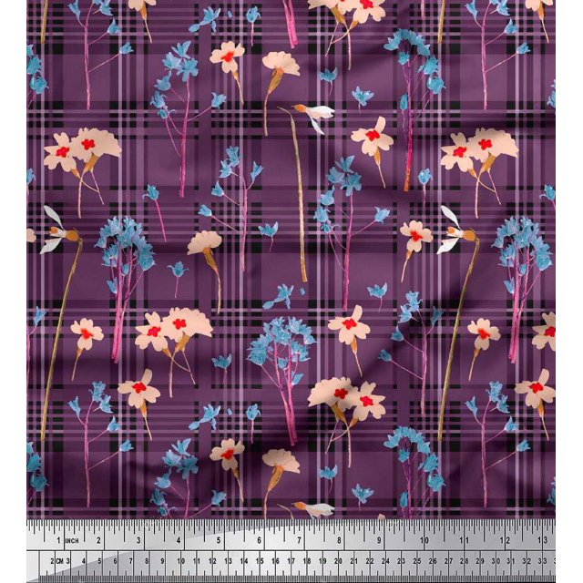 Soimoi Coton Tissu Imprimé Floral & Check par la Cour 56 Pouces de Large