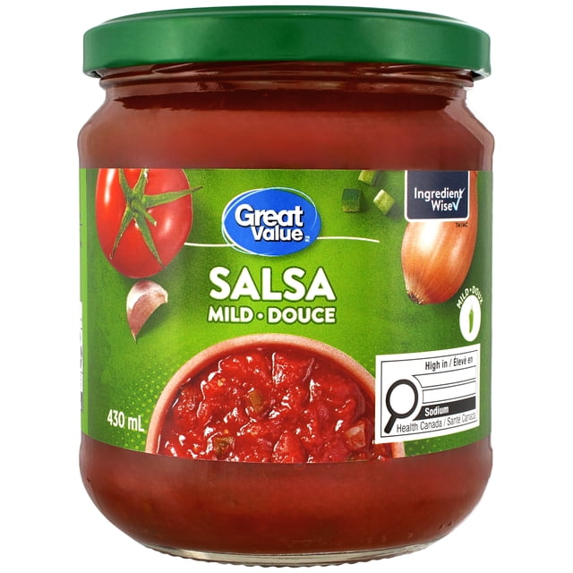 Great Value Salsa Douce dans un Pot en Verre Transparent de 430 ml avec Couvercle Vert, Étiquetée Douce, Certifiée Épice et Ingrédient, avec des Tomates, des Oignons et de l'Ail sur l'Étiquette Verte, Idéale pour les Croustilles de tortilla, les tacos et comme Essentiel Polyvalent du Garde-Manger.