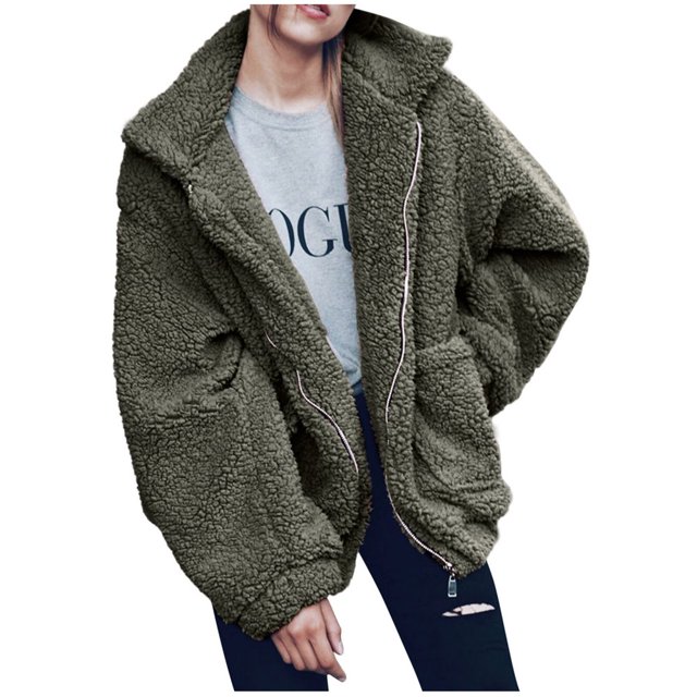 Ladies Loose Plush Long Sleeve Zipper Pullover Pocket Color Sweater Coat