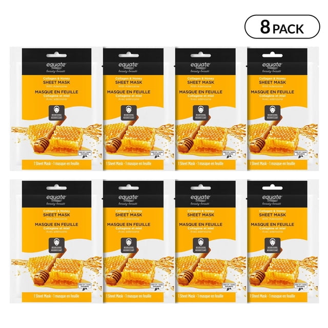 Equate Beauty Collagen & Honey Sheet Mask 8PK featuring eight individual sheet mask packets arranged in two rows of four, each packet displaying honeycomb and honey dipper imagery on a white and yellow background, designed to nourish and hydrate skin for a radiant appearance.