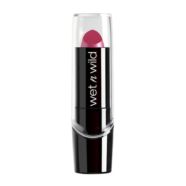 Wet and Wild Silk Finish Lipstick in a black tube with a clear cap, showing a deep pink lipstick bullet enriched with vitamins A and E, aloe vera, and macadamia nut oil for smooth, hydrated lips, suitable for everyday makeup application.