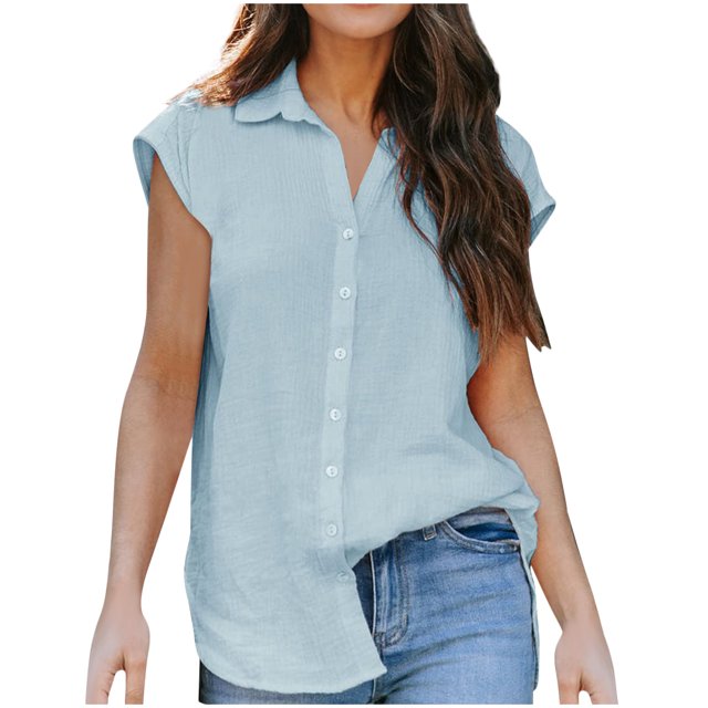 Blouses à Manches Courtes pour Femmes Blouse d'Été Décontractée à Manches Courtes pour Femmes Bouton Couleur Unie Col Rabattu T-Shirt Hauts T-Shirts d'Été pour Femmes Hauts à Manches Courtes pour Femmes