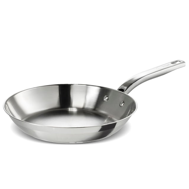 T-fal Stainless Steel 20 cm/ 8" Frypan with polished 18/10 stainless steel interior and exterior, riveted ergonomic handle, compatible with all cooktops including induction, oven and dishwasher safe, shown at a 3/4 angle on white background, also suitable for searing and sautéing.
