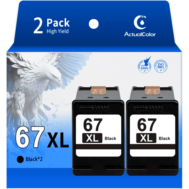 67XL 67 XL Black Ink Compatible for HP 67 Black Ink for HP 67 Ink Printer Cartridges (2 Pack). The package includes two high-yield black ink cartridges compatible with HP DeskJet, DeskJet Plus, and ENVY Pro series printers. Each cartridge has an estimated page yield of up to 650 pages at 5% coverage. The cartridges feature an upgraded chip for seamless compatibility and are designed for sharp text and vivid color printing. The packaging highlights the ActualColor C brand logo, ISO 9001 and ISO 14001 certifications, and a white eagle graphic on a blue background.