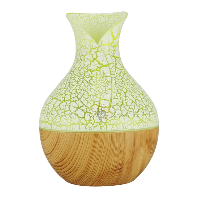 Aromatherapy diffuser with essential oils featuring a compact vase-shaped design. The top section has a crackled green and white pattern, while the base has a wood grain finish. This USB-powered diffuser has a 130ml water capacity, 7 LED colour options, and is made of PP/ABS material. Ideal for humidifying and adding fragrance to rooms.