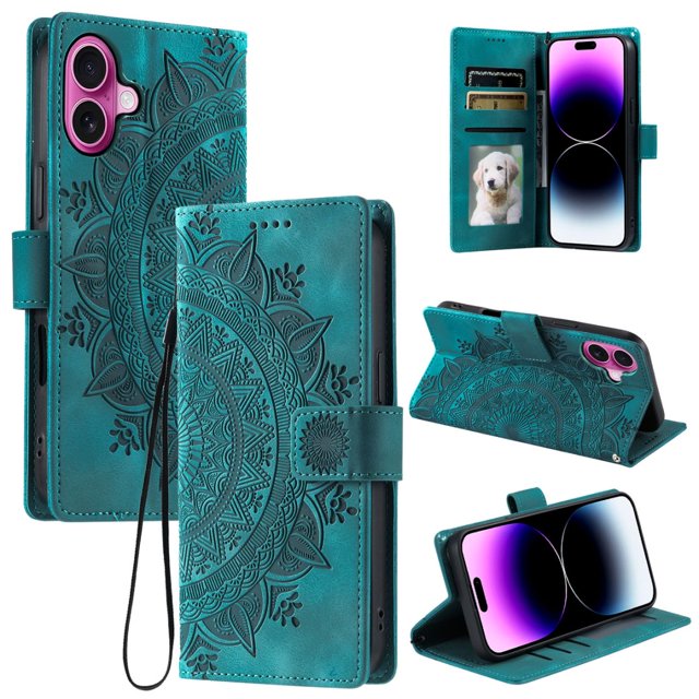 Flip Case for iPhone 16 Plus , Totem Embossed Flowers Premium PU Leather Wallet Folio Cover with Card Holder Kickstand Compatible with iPhone 16 Plus - Green