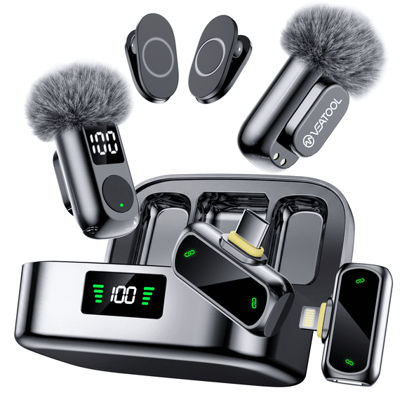 VEATOOL Wireless Lavalier Mini Microphone,USB-C Noise Canceling Lapel Lavalier Mic,Clip-On Mic with 45H Charging Case for Video Recording(2 TX + 2 RX)