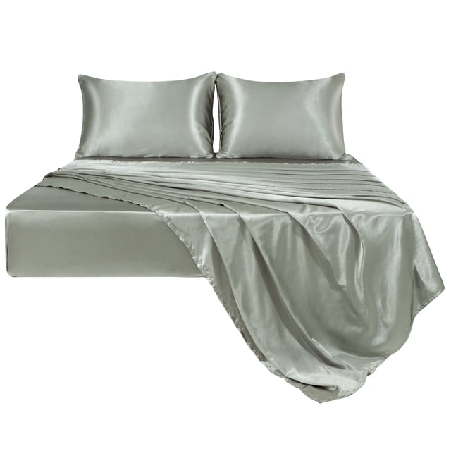 Unique Bargains Ensemble de Draps en Satin 4 Pcs Draps en Polyester Soyeux et Doux