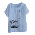 thumbnail image 4 of QATAINLAV Hauts en Coton et Lin pour Femmes 2025 Col Rond Manches Courtes Retroussées T-Shirt Tendance à Imprimé Floral Blouse Décontractée Coupe Ample Tenues de Vacances Rentrée des Classes Ventes Prime Bleu Clair P, 4 of 5