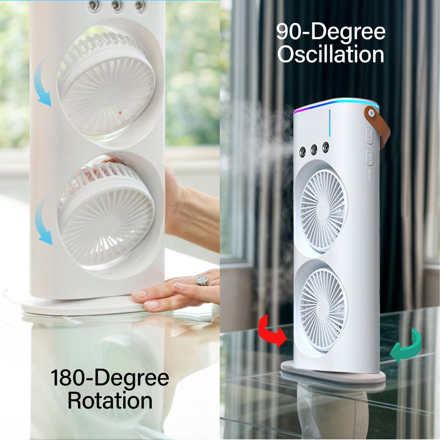 Bell + Howell Aqua Breeze Oscillating Rechargeable Misting Fan with Dual 180° Rotating Fans