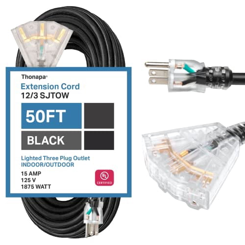 THONAPA 50 Ft Heavy Duty Extension Cord with 3 Outlets, SJTOW Oil Resistant 12 Gauge Extension Cord with Multiple Outlets 3 Prong, 12/3 Black Extension Cord for Outdoor Great for Farm, Ranch, Workshop