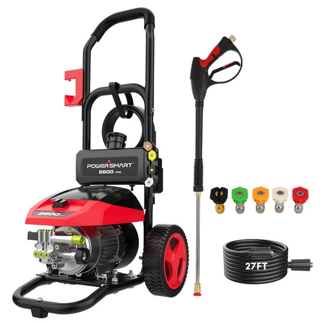 PowerSmart Electric Brushless Pressure Washer 2600PSI Max 1.2 GPM, featuring a durable brushless motor and lightweight design. Includes adjustable spray nozzle, 1.5L soap bottle, and 27-foot hose. Ideal for cleaning decks, patios, driveways, and vehicles. Shown with red and black frame, spray gun, and five nozzle tips.