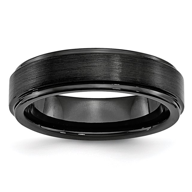 Black Ceramic Ridged Edge 6mm Brushed and Polished Band Ring 12 Size