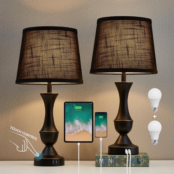 Black Touch Table Lamps Set of 2, 22" Tall Bedside Lamps with USB C+A Charging Ports, Nightstand Lamps for for Bedroom, Living Room, Office, with Black Lampshade, LED Bulb Included