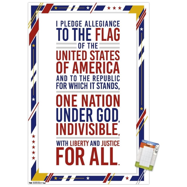 Les États-Unis d'Amérique - Affiche Murale du Serment d'Allégeance, 22,375 Pouces x 34 Pouces, Montrant le Texte Complet du Serment d'Allégeance en Typographie Rouge et Bleue sur Fond Blanc avec une Bordure Décorative Présentant des Étoiles et des Rayures en Rouge, Bleu, Jaune et Blanc, Imprimée sur Papier d'Affiche Lustré avec Pinces Incluses pour une Suspension Sans Dommages, Idéale pour une Déco Murale Patriotique à la Maison Ou au Bureau.