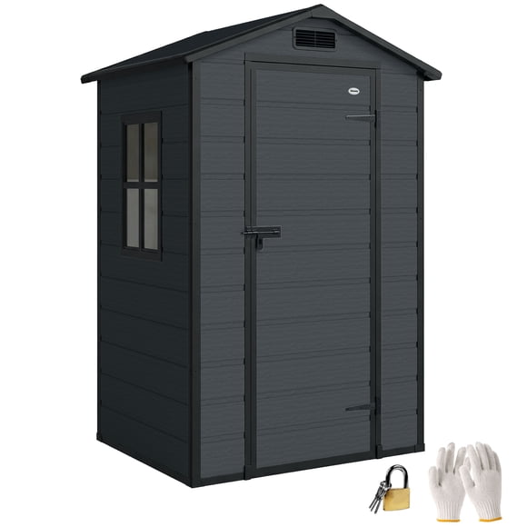 Outsunny 4' x 3' Plastic Garden Shed with Floor, Storage Shed, Dark Grey