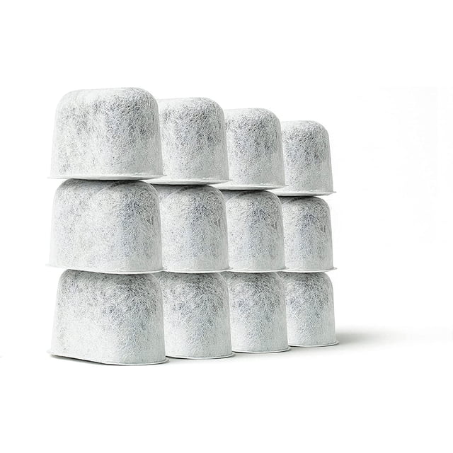 DEBGFS 12-Pack of Cuisinart Compatible Charcoal Water Filters for Coffee Makers. The image shows a close-up view of 12 cylindrical charcoal water filters arranged in a stacked formation. These filters feature a micromesh material to prevent clogging and ultra-fine charcoal granules for effective filtration. Designed to fit both newer and older Cuisinart coffee machines, they improve beverage flavor by removing impurities, calcium, chlorine, and odors. The eco-friendly packaging minimizes waste.