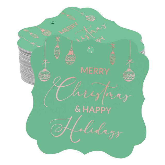 Inkdotpot Pack Of 50 Merry Christmas & Happy Text Paper Tags DIY Craft Bracket Shape Real Rose Gold Foil Hang Tags