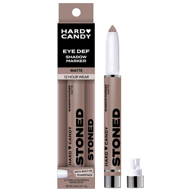 Hard Candy Eye Def Eyeshadow Stick in matte Stoned shade with built-in sharpener, shown with packaging and product stick in taupe beige. This creamy, budge-proof shadow marker offers 12-hour wear and smooth, blendable application.