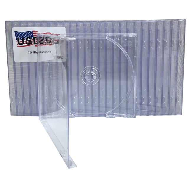 USDISC CD Jewel Cases Standard 10.4mm, Single 1 Disc, Clear, Pack of 25