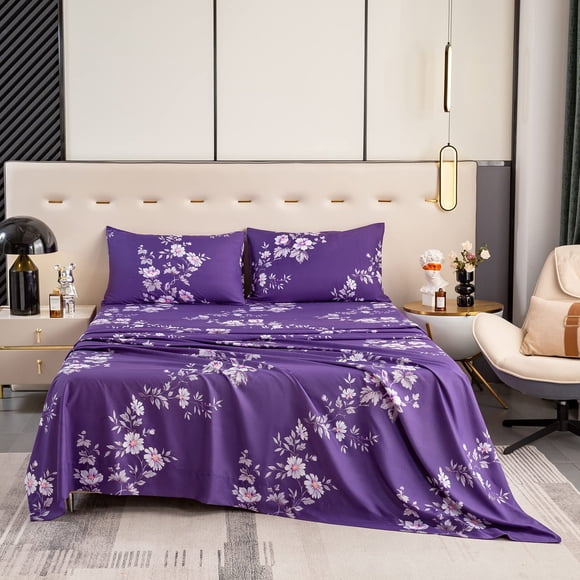 Bedlifes Queen Sheet Set Ultra Soft Breathable Silky Flower Bed Sheets Deep Pocket 100% Microfiber Bedding Sheets 4 Piece Queen Size Dark Purple Floral