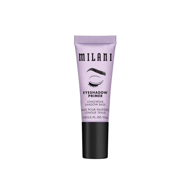 Milani Stay Put Eyeshadow Prime in a lavender tube with black cap, a lightweight, crease-proof eye primer that smooths eyelids and enhances eyeshadow color and wear up to 8 hours, suitable for all skin tones and vegan-friendly.