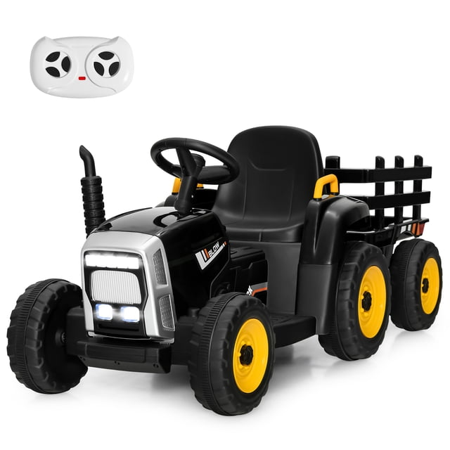 Costway 12V Kids Ride On Tractor with Trailer Ground Loader in dark black, featuring a detachable trailer, LED headlights, and a steering wheel with horn. Includes a remote control for parental guidance and a rechargeable battery for operation. Designed with six wear-resistant wheels, adjustable seat belt, and soft-start technology for safety. Suitable for children aged 3+ with a maximum weight capacity of 66 lbs. The multifunctional media center supports USB and Bluetooth for music playback.
