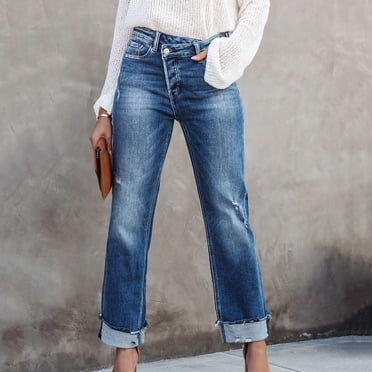 Levmjia Jeans for Women Stretch Pants Straight Leg Denim Pants For Women High Waisted Stretchy Frayed Denim Pants Casual Trousers