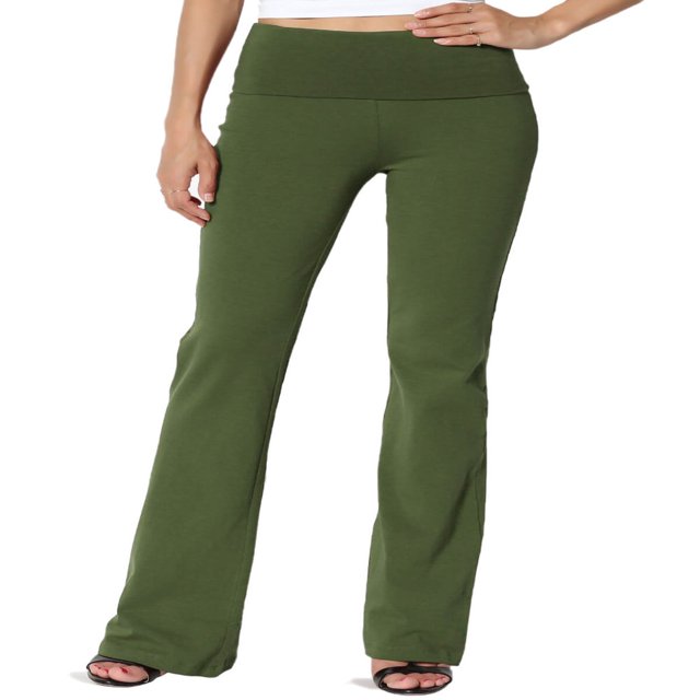 Pantalon de Yoga Décontracté pour Femmes Grande Taille, Basique, Taille Repliable, Confortable, en Coton Extensible, Coupe Bootcut