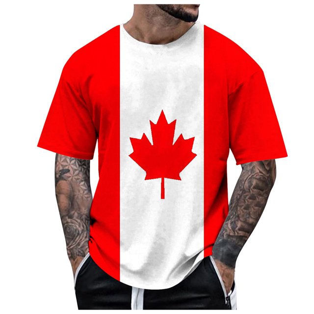 LUOGENLI T-shirts pour Homme pour Hommes Été Canada Fête de l'Indépendance Fête Nationale pour Imprimé Drapeau Rétro Col Rond Manches Courtes Hauts T-shirts pour Homme T-Shirt Graphique Vêtements d'Été Rouge Melon D\'eau TTTG
