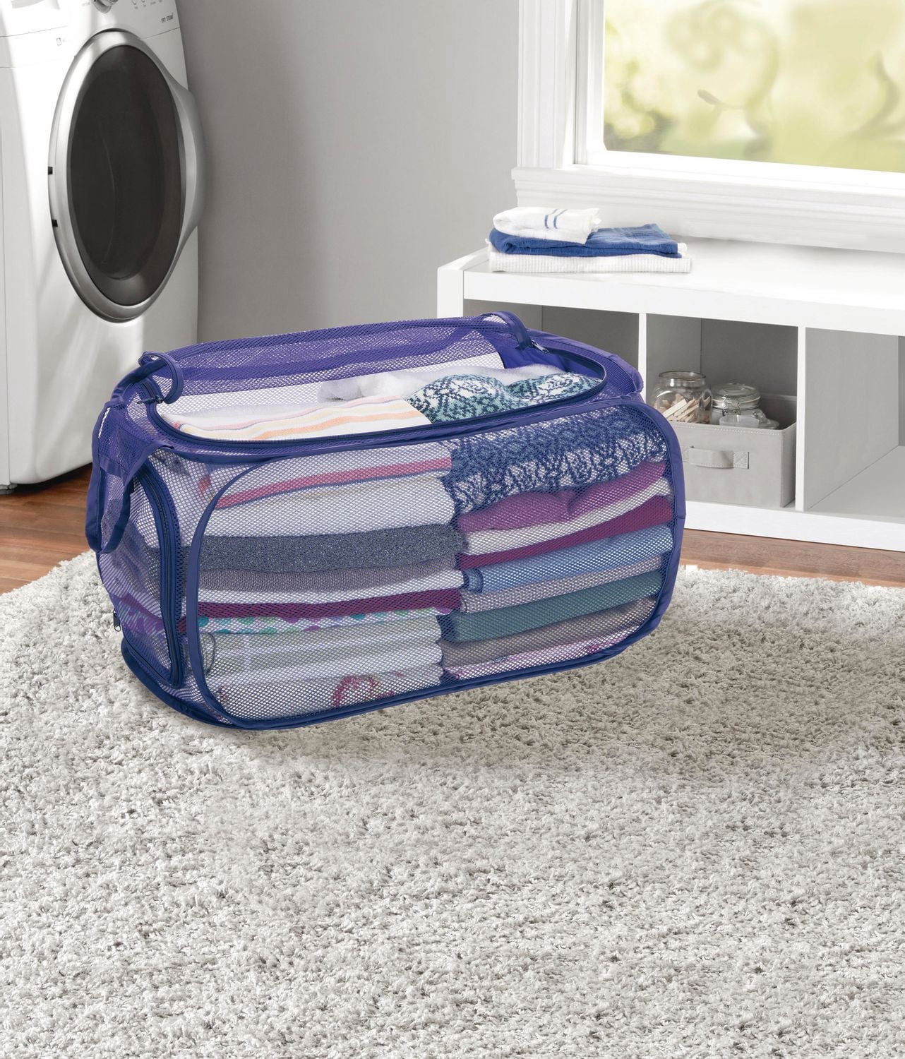 Panier à linge en maille à deux voies Mainstays avec poignées de transport faciles et fermeture éclair latérale - Bleu