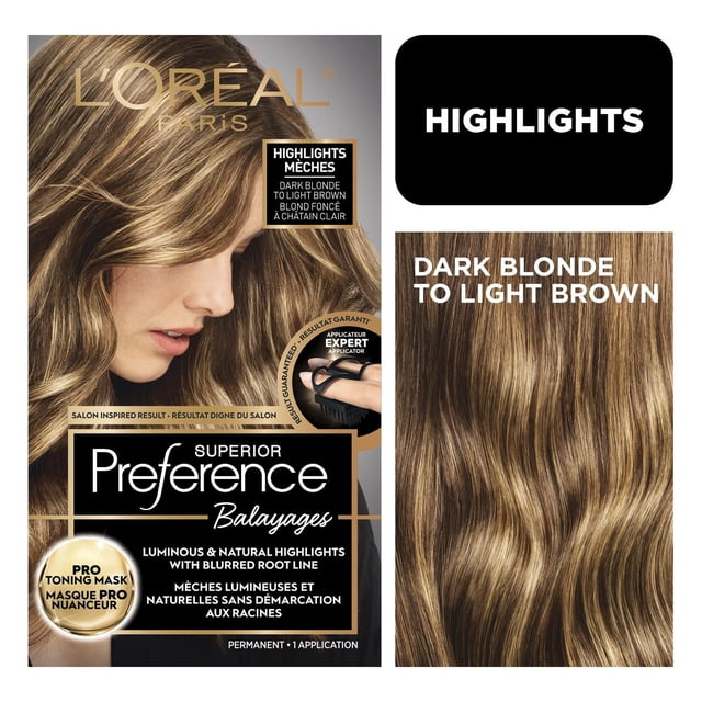 L'Oréal Paris Superior Preference Balayage hair color in dark blonde to light brown with salon-inspired balayage highlights, pro toning mask to blur root lines and tone highlights, and expert applicator for permanent, natural-looking results.
