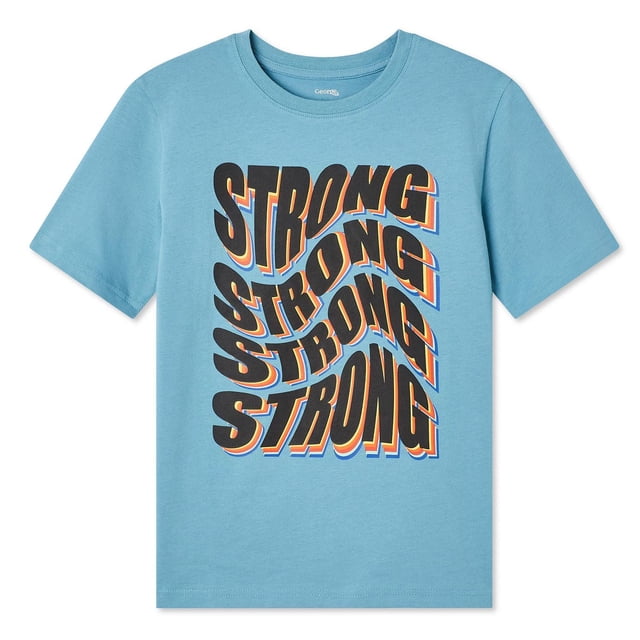 George Boys' Graphic Tee in light blue jersey knit with a crew neckline and short sleeves, featuring a front graphic print of the word 'STRONG' repeated four times in black with orange, white, and blue shadows. The tee has a straight hem and is made of 100% cotton, ideal for casual wear or pairing with jeans, joggers, or shorts.