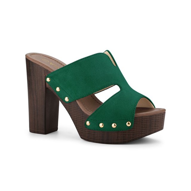 BLISSFUL STEP Women's Platform High Block Heel Slides Sandals Green (Size 9.5)