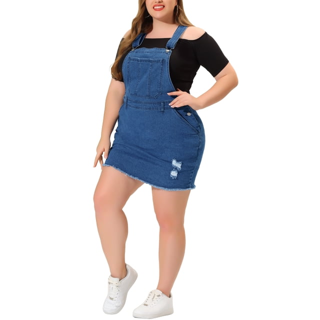 GRACE & GRANDEUR Robe à Bretelles Décontractée en Denim pour Femme Grande Taille à Bretelles Ajustables 2X Bleu Denim