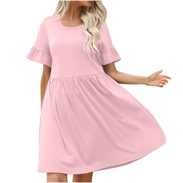 mtvxesu Dresses for Girls, Women's Spring/Summer European And American Temperament Commuting Leisure Solid Color Ruffle Sleeves Round Neck Dress Short Sleeve Round Neck Knee Length Dress