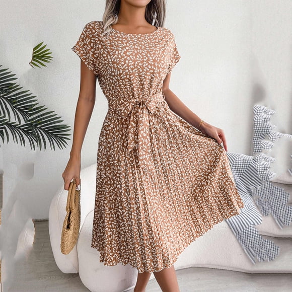Mefallenssiah Fashion Women Casual Round Neck Printed Short Sleeve Dress Summer Bandage Dresses