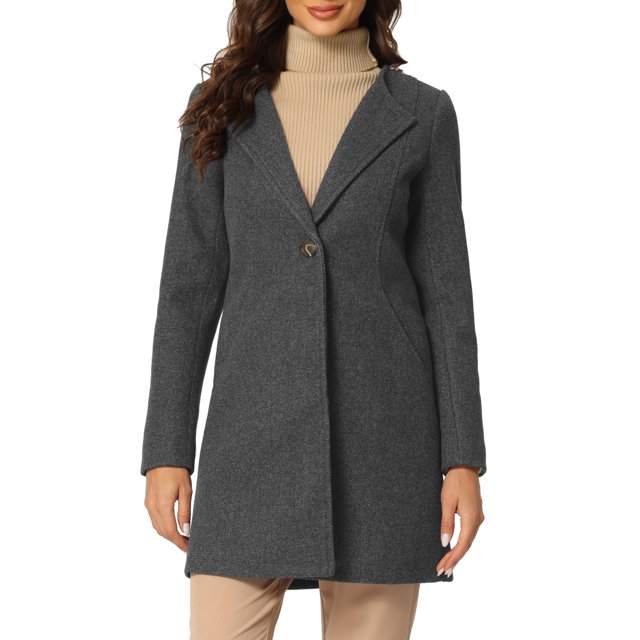 INSPIRE CHIC Women's Half Lapel Long Sleeves One Button Winter Mid-Length Overcoat L Deep Gray