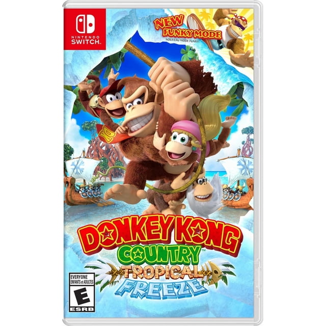 Donkey Kong Country Tropical Freeze Nintendo Switch game cover featuring Donkey Kong, Diddy Kong, Dixie Kong, Cranky Kong, and Funky Kong in a tropical island setting with icy elements and Viking ships, highlighting the new Funky Mode and cooperative gameplay.