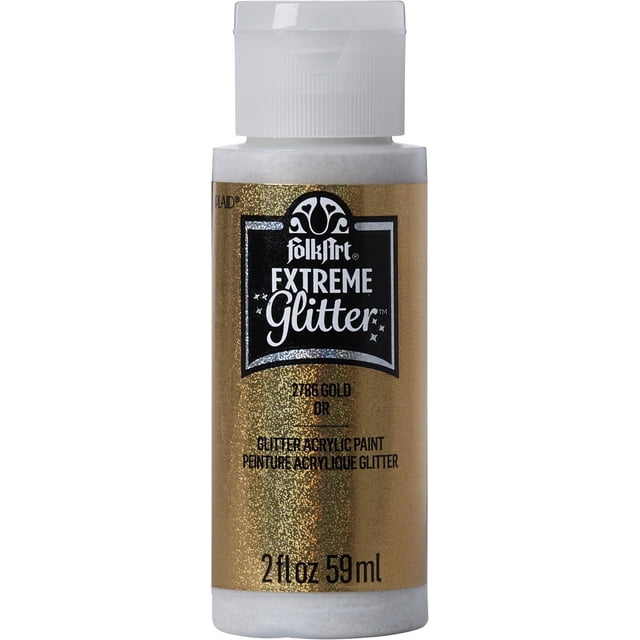FolkArt Peinture Acrylique à Paillettes Extrêmes en Or Pailleté, Bouteille de 2 fl oz avec Bouchon à Rabat Blanc et Étiquette Dorée Scintillante, Idéale pour l'Artisanat Décoratif sur Bois, Toile et Plus, Souvent Utilisée pour le Pochoir Stylé et la Déco Maison Diy.